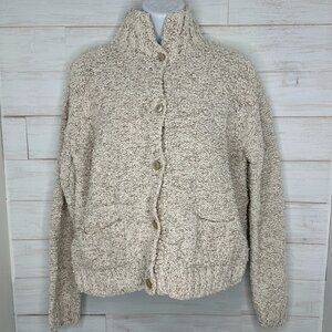Eileen Fisher Womens Cotton Linen Chunky Knit Button Up Oatmeal Cardigan Size M